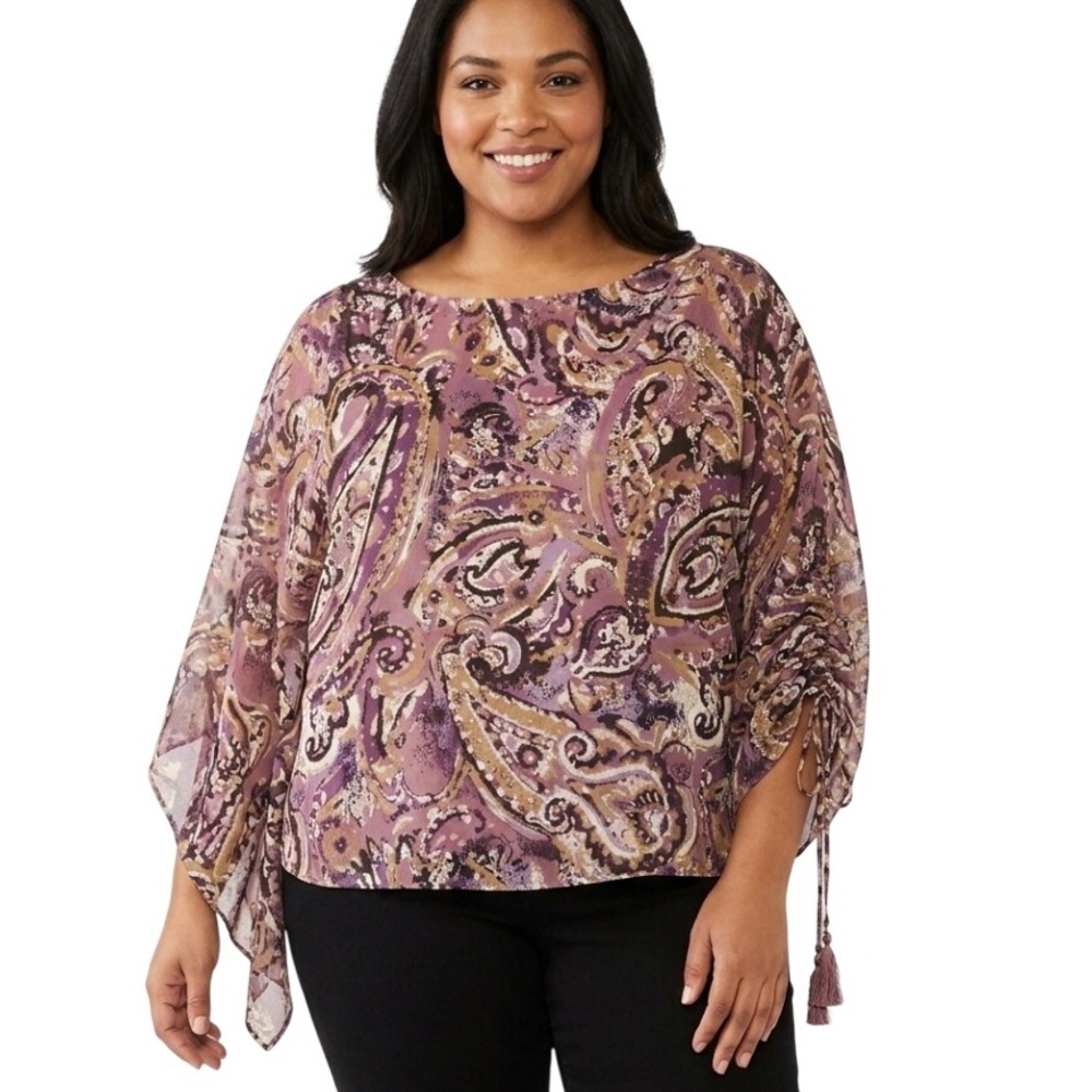 Michael Michael Kors Blouse Womens L/XL Purple Paisley Ruched Side Boho Top Vtg